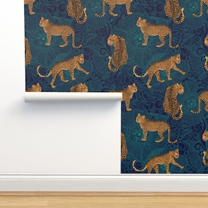 Leopard Print Non-Pasted Wallpaper - Leopard Jungle Midnight  by hnldesigns - Blue And Teal Wallpaper Double Roll by Spoonflower