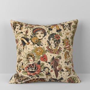Retro Tattoos Throw Pillow - Vintage Style Art Traditional Neutral Decorative Square Throw Pillow - Traditional Tattoo by dacha_dreamland image 3