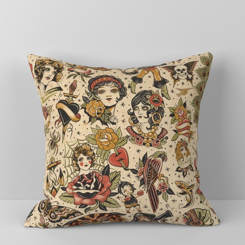 Retro Tattoos Throw Pillow - Vintage Style Art Traditional Neutral Decorative Square Throw Pillow - Traditional Tattoo by dacha_dreamland image 3