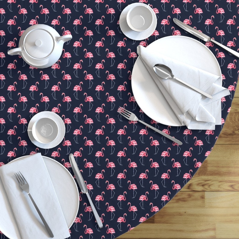 Flamingos Round Tablecloth Tropical Birds Exotic Pink Cotton Sateen Circle Tablecloth by Spoonflower Vintage Flamingo by marta/_strausa