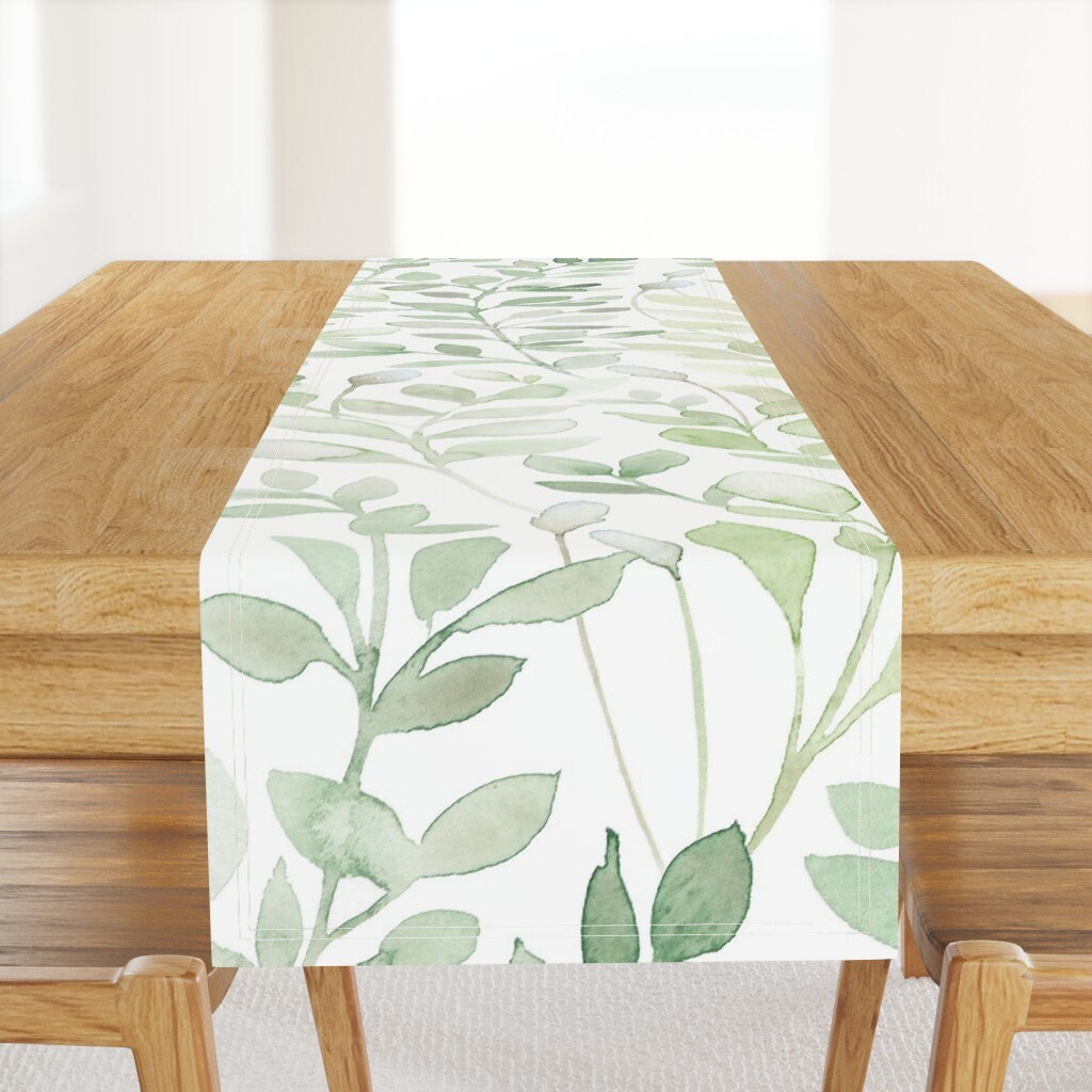 Watercolor Botanical Table Runner - Leaves In Green by lolahstudio - Light Green Leaves Spring Cotton Sateen Table Runner by Spoonflower