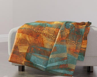 Color Blocking Throw Blanket - Landscape Abstract Turquoise Terra Cotta Orange Throw Blanket - Copper Teal Abstract by wren_leyland