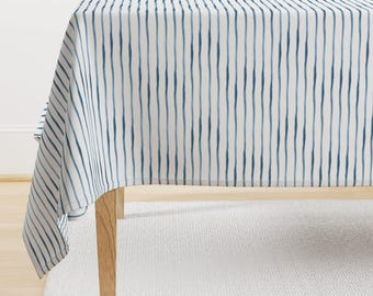 Modern Nautical Tablecloth - Blue Stripes Watercolor by hipkiddesigns - Coastal Stripe Blue White Cotton Sateen Tablecloth by Spoonflower