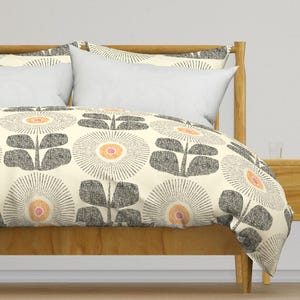 Mid Century Modern Bedding - Sunflowers by maeparadise - Retro Floral Large Scale Neutral Cream Cotton Sateen Duvet Cover OR Pillow Shams