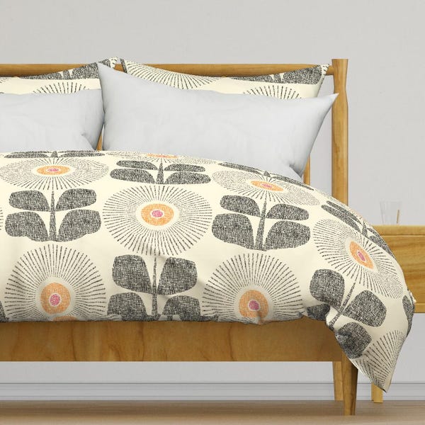 Ropa de cama moderna de mediados de siglo - Girasoles de maeparadise - Funda nórdica o funda de almohada de satén de algodón crema neutro con estampado floral retro a gran escala