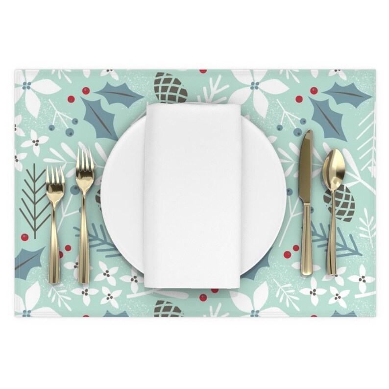 Winter Placemats set of 2 Evergreen Minty Blue Floral by Etsy