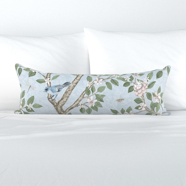 Traditional Peony XL Lumbar Pillow - Soft Blue Garden by danika_herrick - Chinoiserie Extra Large Rectangle Lumbar Pillow by Spoonflower