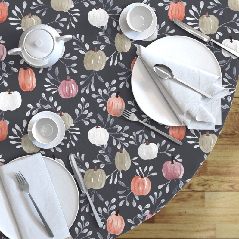 Autumn Round Tablecloth Painted Pumpkins by erin/_/_kendal Dark Fall Watercolor Colored Cotton Sateen Circle Tablecloth by Spoonflower