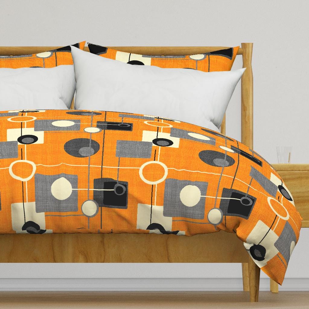 Mid Century Mod Bedding - Orbs And Squares by chicca_besso - Orange Geometric Gray Cotton Sateen Duvet Cover OR Pillow Shams by Spoonflower