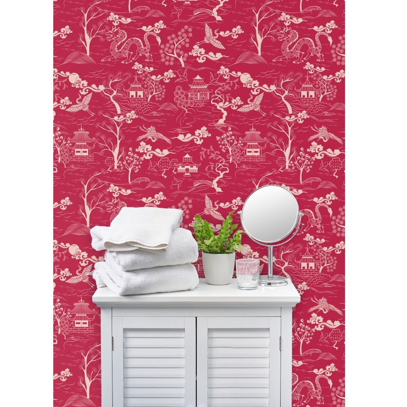 Magenta Chinoiserie Non-pasted Wallpaper - Ukiyo by Pallavi_chaudhary ...