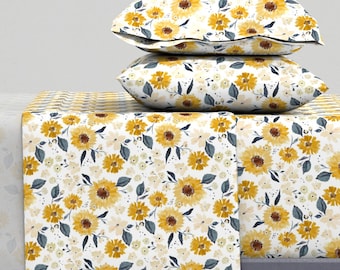 Summer Sunflower Sheets - Sunflowers And Cream by indybloomdesign - Autumn Mustard Gold Fall  Cotton Sateen Sheet Set Bedding by Spoonflower