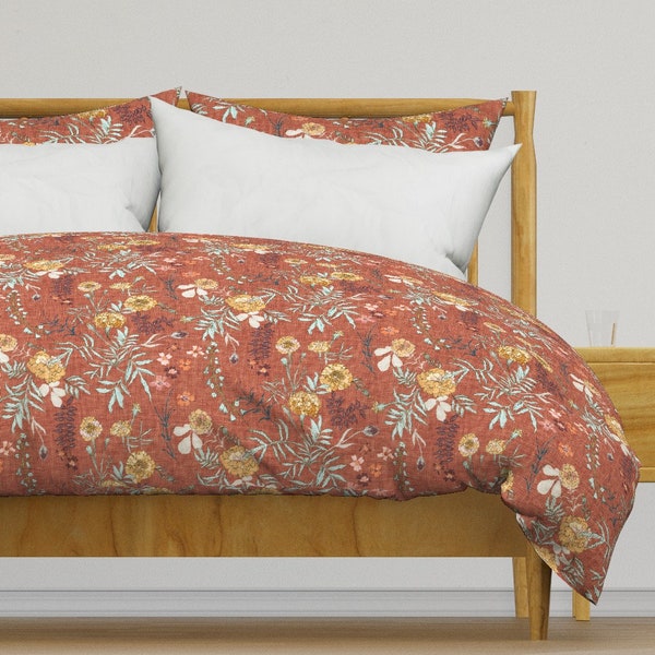 Terra Cotta Floral Bedding - Marigold Love Rust  by nouveau_bohemian - Boho Rustic Cotton Sateen Duvet Cover OR Pillow Shams by Spoonflower