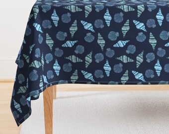 Blue Shells Tablecloth - Sound Of Waves by achiachodesign - Coastal Seashells Under The Sea Beach Cotton Sateen Tablecloth by Spoonflower