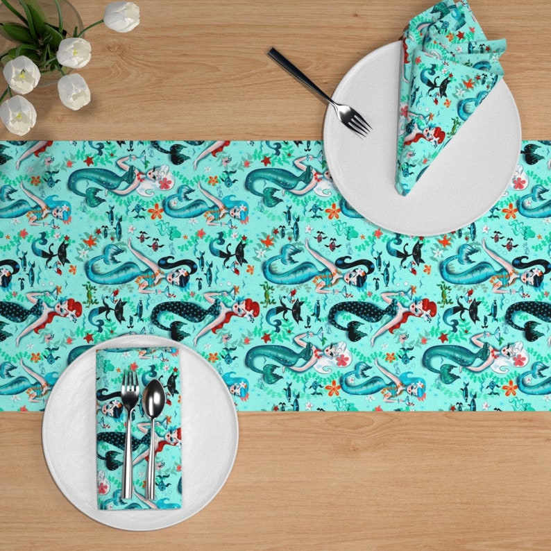 Teal Pinup Girls Cotton Sateen Table Runner by Spoonflower Martini Mermaids by miss/_fluff Aqua Retro Mermaids Table Runner