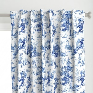 Chinoiserie Curtain Panel - Manchurian Toile by etienne - Blue White Vintage Toile Chinese Garden Custom Curtain Panel by Spoonflower