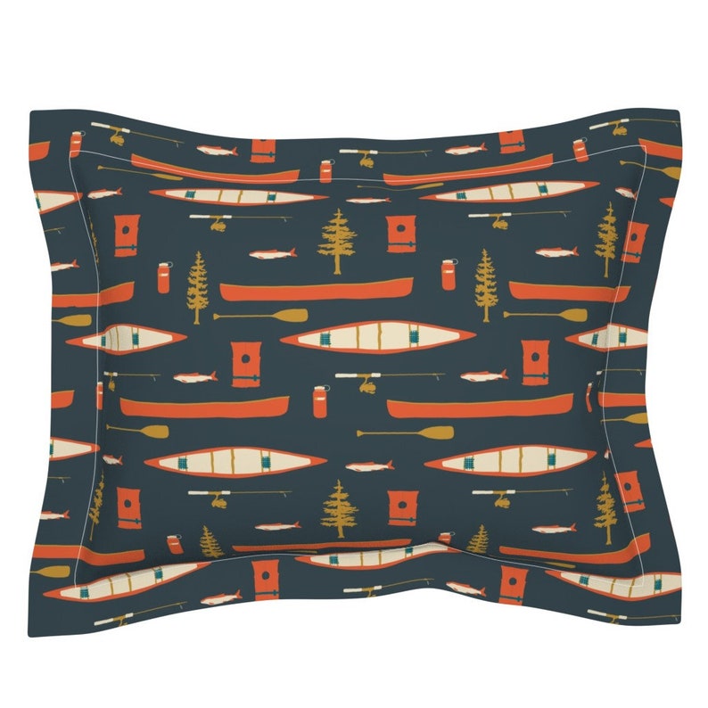 Summer Illustration Lake Cotton Sateen Flanged Pillow Sham by Spoonflower Canoes And Oars On The Lake by coitcreative Fish Pillow Sham