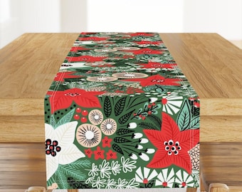 Eclectic Christmas Table Runner - Poinsettia Botanical Floral Cotton Sateen Table Runner - Christmas Florals Large by sandra_hutter_designs