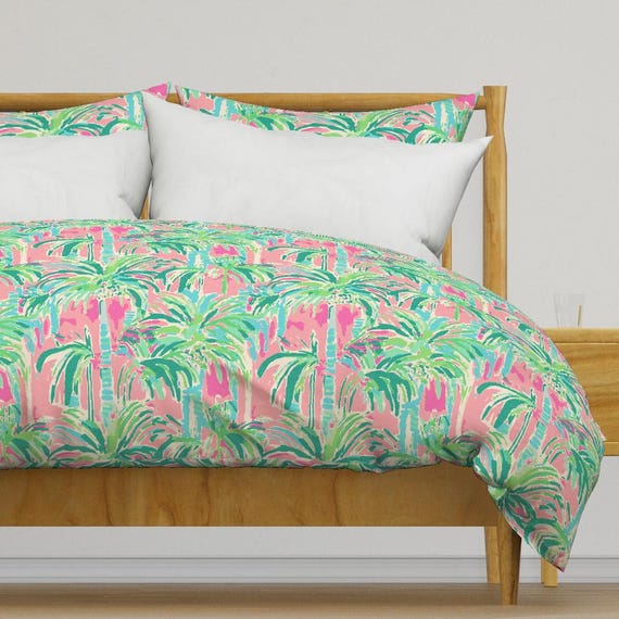 Abstrakte botanische Bettwäsche - tropische Palme von dentzdecor - Bettbezug aus Baumwollsatin in grün, rosa Aqua oder Kissenbezügen