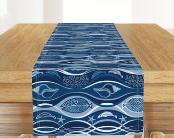 Abstract Ocean Life Table Runner - Ocean Life Blue by vannina - Modern Marine Ocean Blue  Cotton Sateen Table Runner by Spoonflower