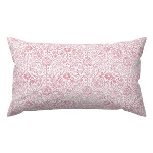 Pink Lumbar Pillow - Rose Woodblock  by forestandsea -  Woodblock Block Print Dusty Pink Pink And White Rectangle Accent Throw Pillow