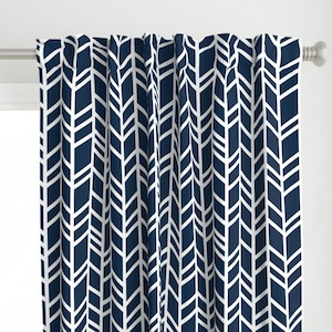 Navy Curtain Panel - Large Herringbone - Chevron by sugarpinedesign - White Wallpaper Modern Blue Large Custom Curtain Panel by Spoonflower