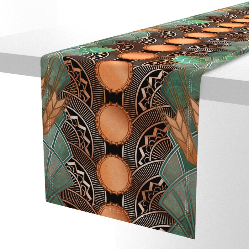 Art Deco Table Runner - Faux Copper Patina Bottlecaps Verdigris Cotton Sateen Table Runner - Deco Hops And Barley by ghouk image 5