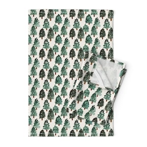 Christmas Tree Tea Towels (Set of 2) - Watercolor Pines by erin__kendal - Greenery Dark Green Linen Cotton Tea Towels by Spoonflower