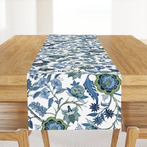 May include: A white table runner with a blue and green floral pattern. The runner features a repeating design of stylized flowers and leaves.