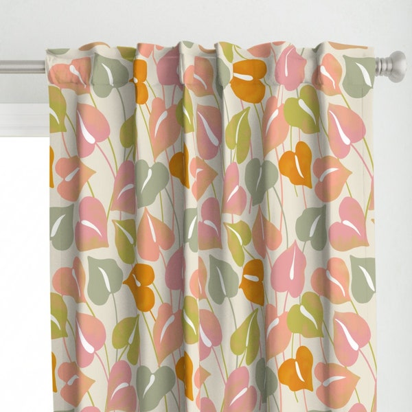 Pastel Leaves Curtain Panel - Anthurium by hnldesigns - Hawaii Watercolor Flowers Nature Pink Orange Custom Curtain Panel by Spoonflower