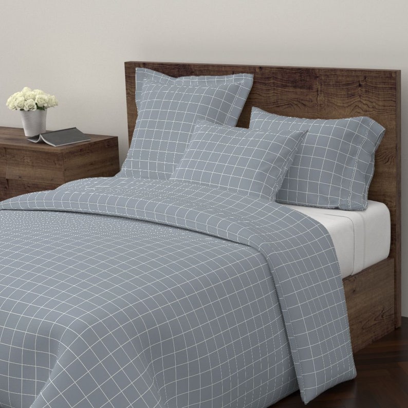 Grid White On Blue Grey by sunny/_afternoon Modern Minimalist Cotton Sateen Pillow Sham Bedding by Spoonflower Grid Pillow Sham