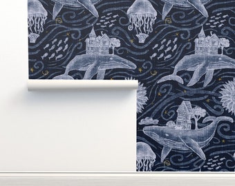 Whimsical Non-Pasted Wallpaper Sky Nautical Ocean Jellyfish Whale Surreal - Undersea Nights by jenkb Wallpaper Double Roll by Spoonflower