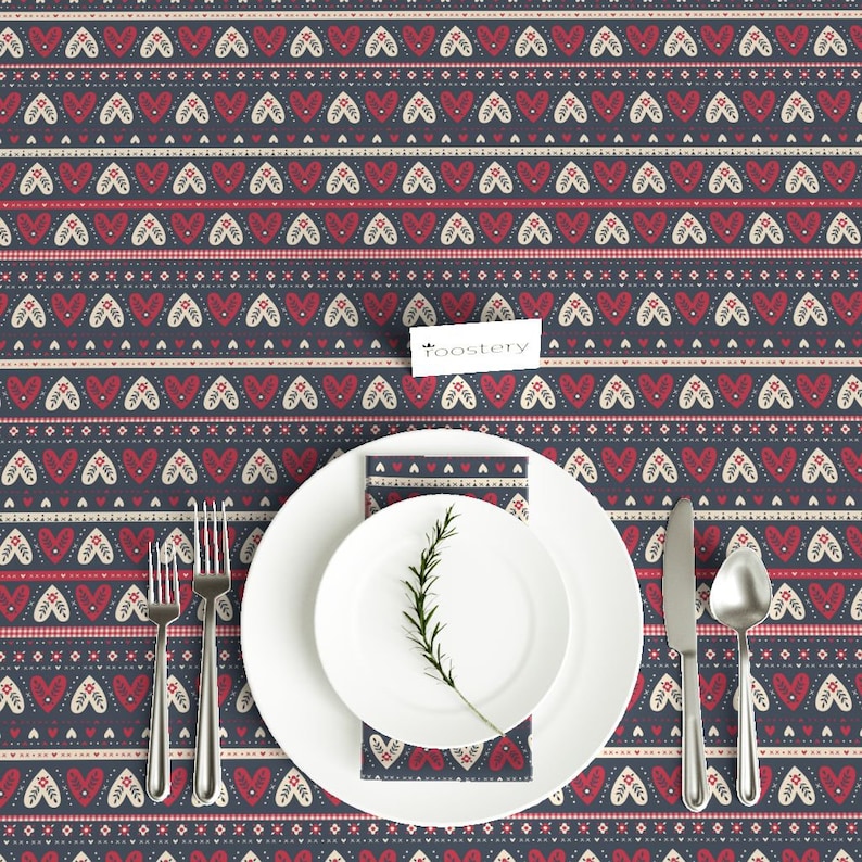 Farmhouse Holiday Christmas Rustic Folk Art Cotton Sateen Tablecloth by Spoonflower Hearts Tablecloth Folk Heart by laura/_may/_designs