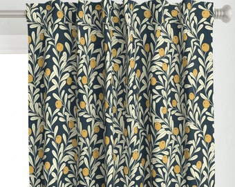 Vines Curtain Panel - Wallpaper Plants Art Deco Citrus Navy Lemons Mustard Custom Curtain Panel - Waved Vines And Fruit by handypanda -