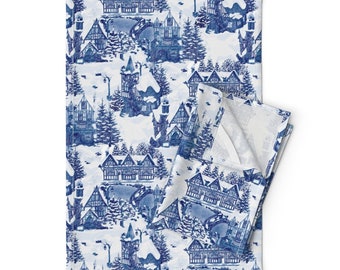 Classic Toile Tea Towels (Set of 2) - Snowy Christmas Village by smokeinthewoods - Traditional  Linen Cotton Tea Towels by Spoonflower