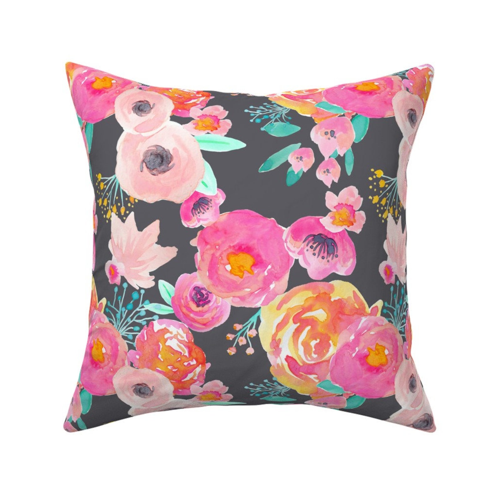 Bright Pink Floral Throw Pillow Indy Bloom Blush Grey by Etsy