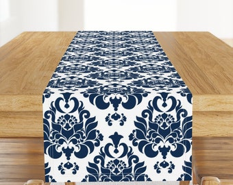 Victorian Table Runner - Damask Navy by mint_tulips - Baroque Damask Navy Indigo White Cotton Sateen Table Runner by Spoonflower