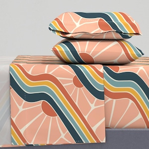 Sunshine Sheets - Retro Sun Wave by lindsay_roberts - Retro Rainbow Stripe Sunset 1970s 1980s Cotton Sateen Sheet Set Bedding by Spoonflower