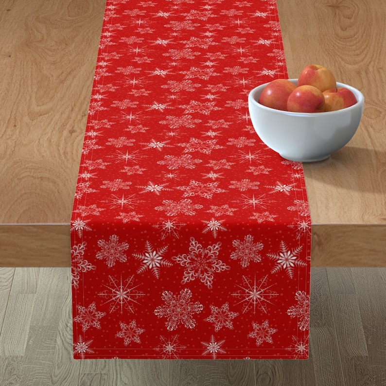 Large Snowflakes by diane555 Christmas Table Runner Snowflakes Winter Snowy Holiday Red White Cotton Sateen Table Runner by Spoonflower