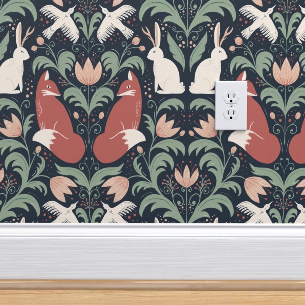 Woodland Creatures Wallpaper Woodland Folklore Damask by - Etsy
