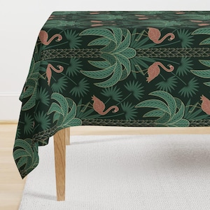 Tropical Art Deco Tablecloth - Palm Trees And Flamingo by hannahshields - Flamingo Tropical Moody Cotton Sateen Tablecloth by Spoonflower