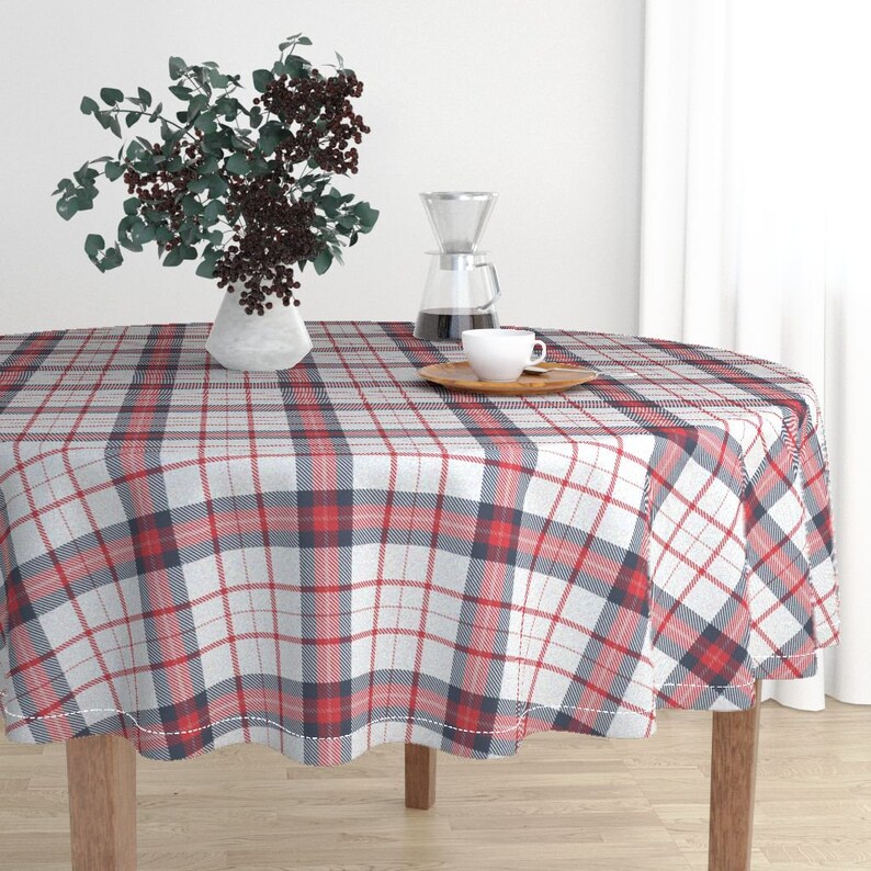 Red Tartan Cotton Sateen Circle Tablecloth by Spoonflower Red White And Blue Plaid Rev by eclectic/_house Blue Plaid Round Tablecloth