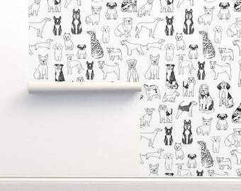 Dog Illustration Commercial Grade Wallpaper - Black And White Dogs by andrea_lauren - Black And White Wallpaper Double Roll by Spoonflower