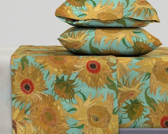 Maximalist Sheets - Sunflowers by delinda_graphic_studio - Painted Sunflower Artistic Vintage Cotton Sateen Sheet Set Bedding by Spoonflower