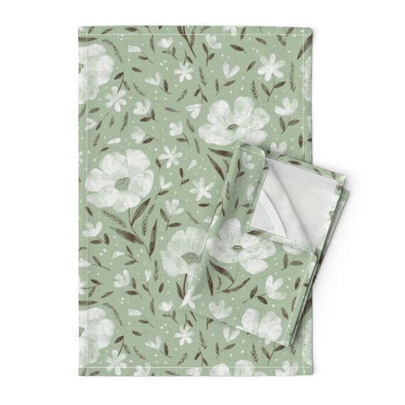 Soft Sage Green Tea Towels set of 2 Floral Sage by Scarlet soleil Watercolor Floral Feminine Linen Cotton Tea Towels by Spoonflower Etsy Ireland