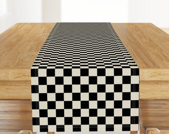 Retro Table Runner - Checkerboard Punk Skater Vintage Halloween Coordinates Cotton Sateen Table Runner - Checkered Black And Cream by kimsa