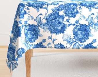 White Tablecloth - Blue Chintz by chicca_besso - Blue Floral Nature Indigo Traditional Chinoiserie Cotton Sateen Tablecloth by Spoonflower