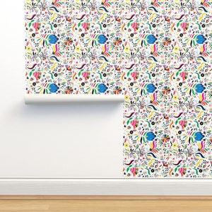 Mexican Inspired Non-Pasted Wallpaper - Xochitl Vertical by ginamayes - Folk Otomi Festive Floral Wallpaper Double Roll by Spoonflower