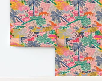 Bright Safari Non-Pasted Wallpaper Rainforest Plants Kids Room Tropical - Jungle Magic Colorful by evamatise Wallpaper by Spoonflower
