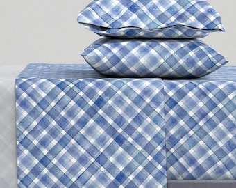 Blue Plaid Sheets - Watercolor Blue Plaid by olgersart - Traditional Check Watercolor Tartan Cotton Sateen Sheet Set Bedding by Spoonflower