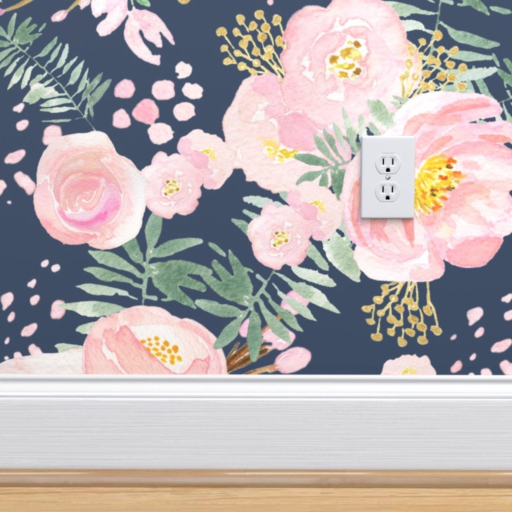 Pink Floral Wallpaper Navy Floral Pink and Gold by Etsy
